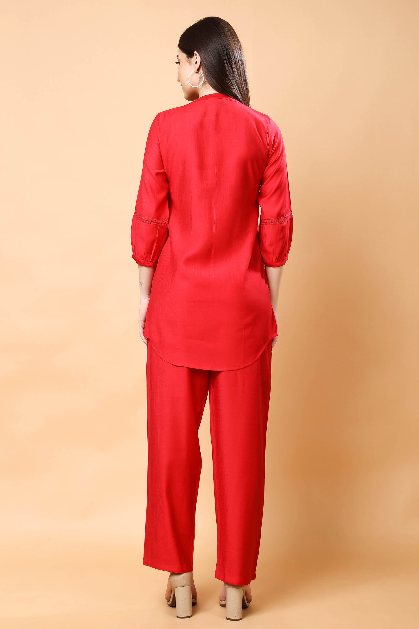 Back view of premium red co-ord set for women by Rabric