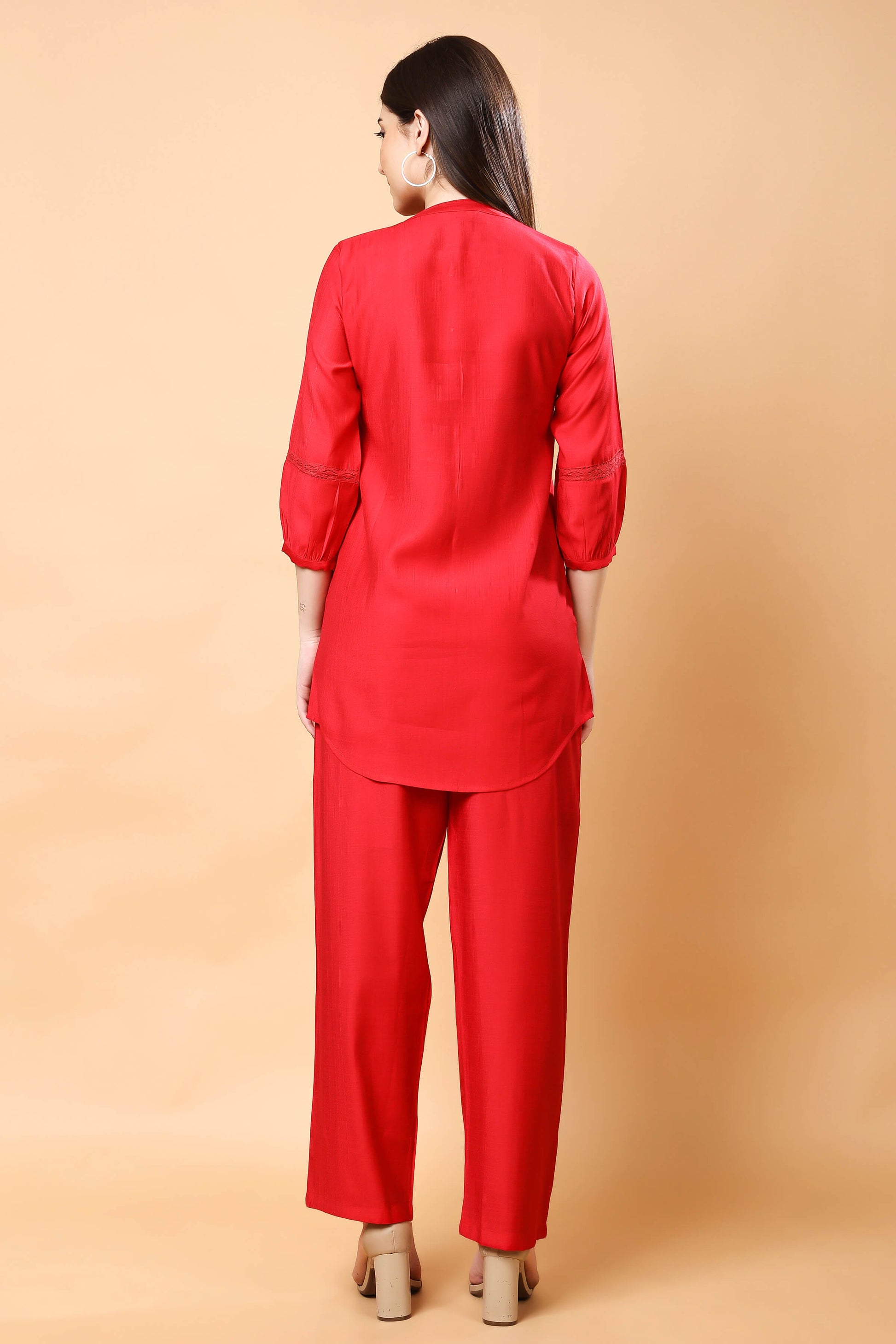 Back view of premium red co-ord set for women by Rabric