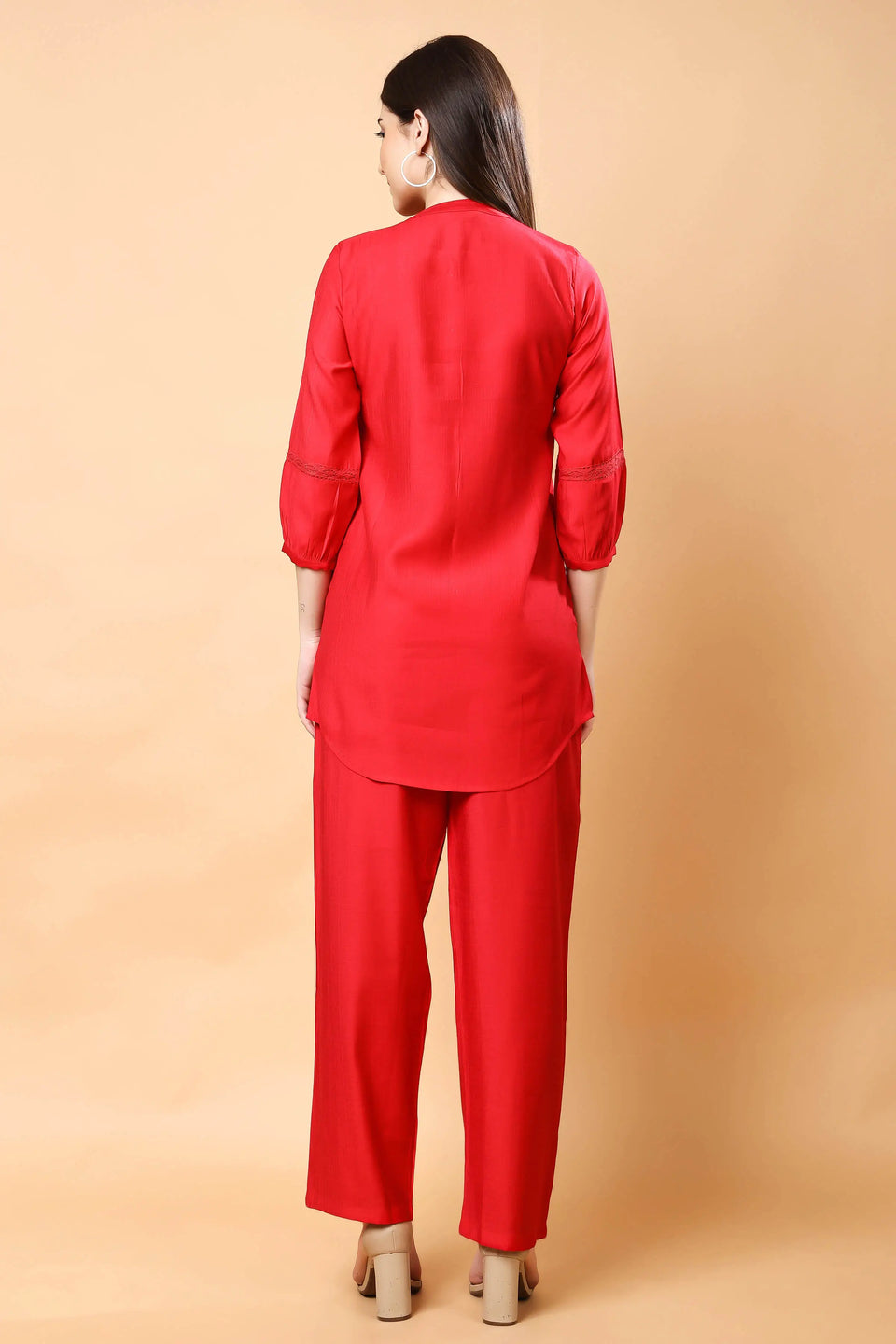 Back view of premium red co-ord set for women by Rabric