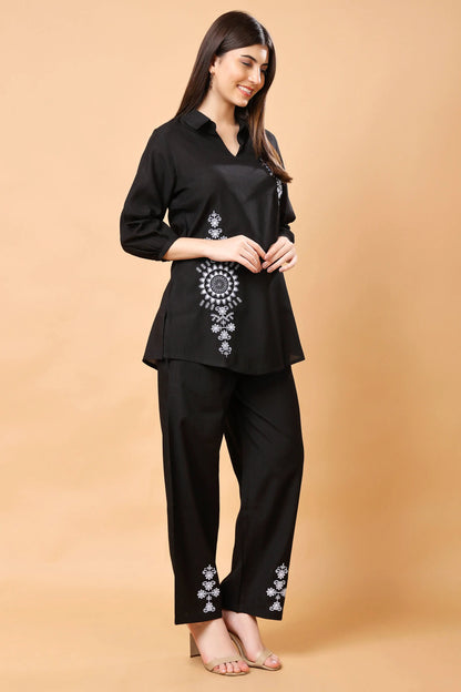 Elegant embroidered black co-ord set top view