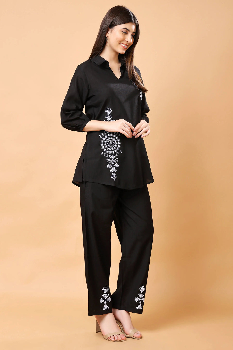 Elegant embroidered black co-ord set top view