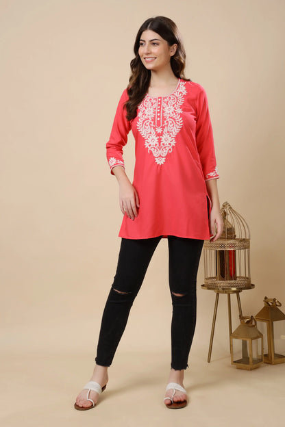 Rabric Women’s Coral Pink Crepe Short Kurti | Embroidered V Neck Short Kurti for Daily Wear, Office Wear & Casual Outings