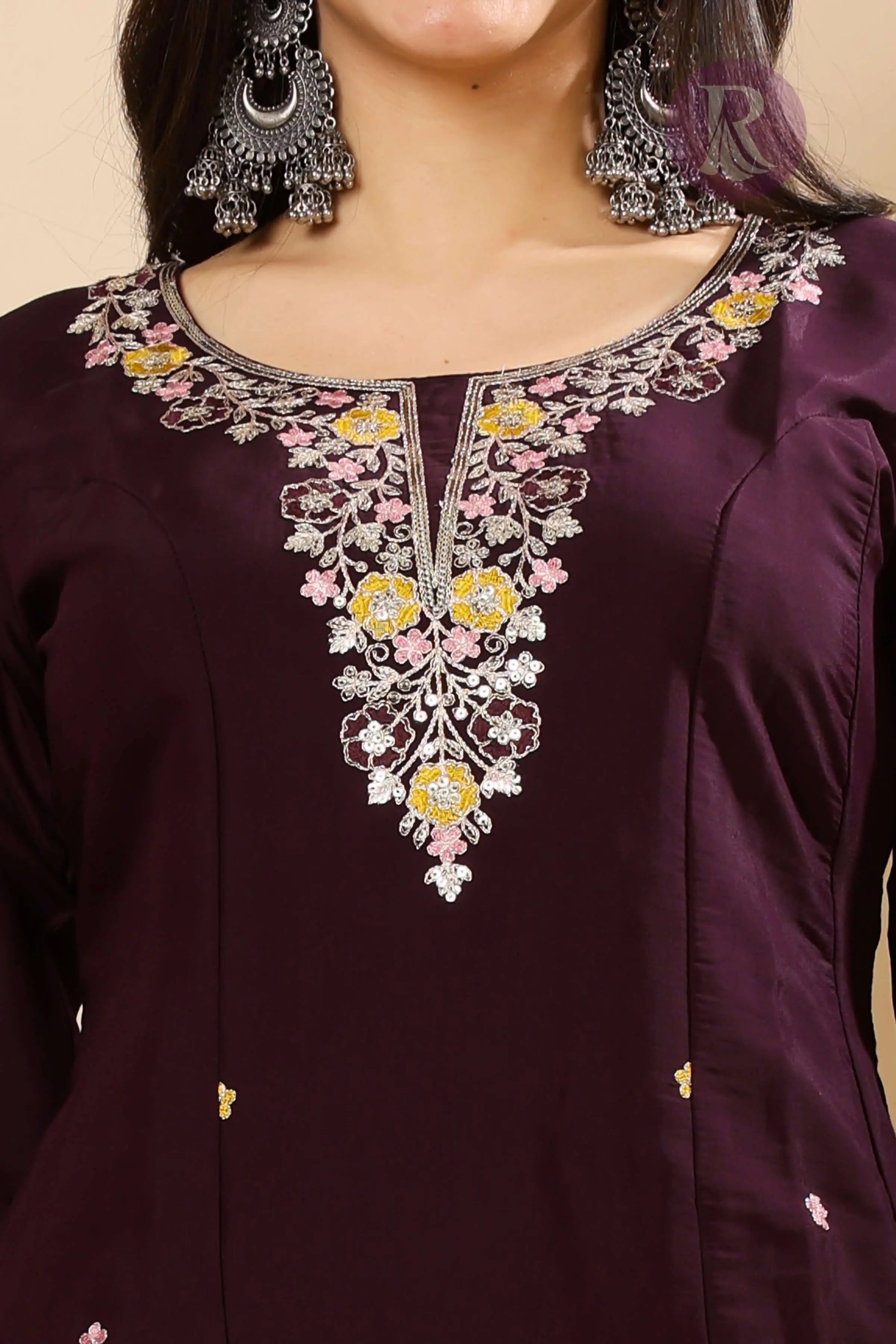 Close-up of embroidered round neckline on Rabric designer kurti