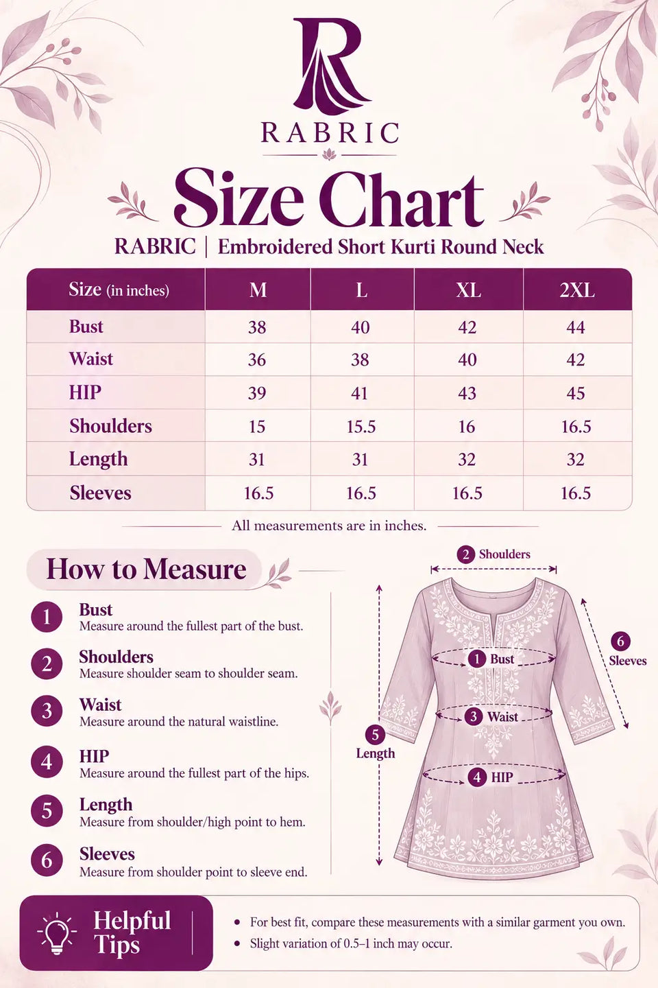 RABRIC embroidered short kurti round neck size chart for M to 2XL with bust, waist, hip, shoulder, sleeve and length measurements
