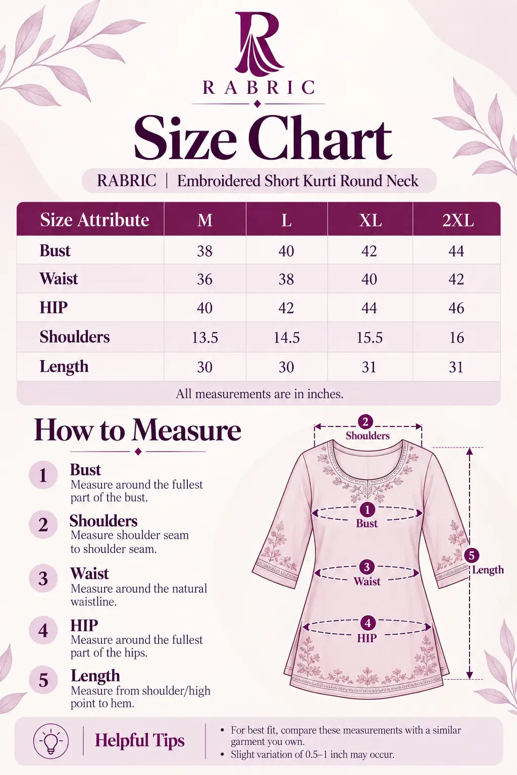 RABRIC embroidered short kurti round neck size chart for M to 2XL with bust, waist, hip, shoulder and length measurements