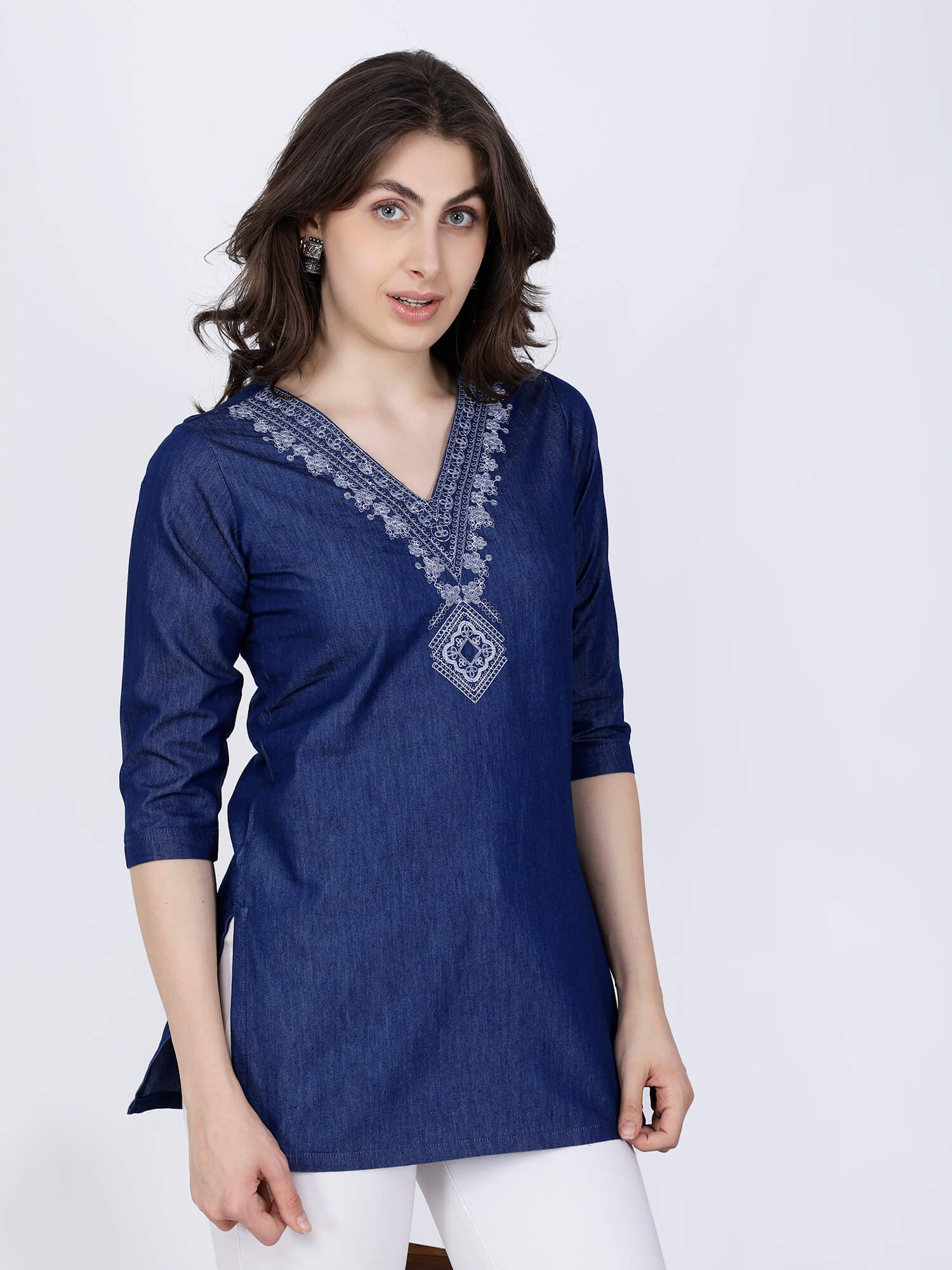 Women’s Embroidered Denim Short Kurti by Rabric