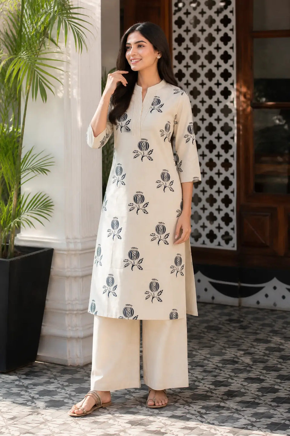 Lifestyle image of Rabric beige ethnic cotton flex kurta pant set
