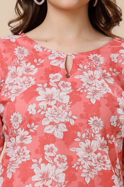 Close-up view of Rabric cotton kurti fabric and floral design pattern