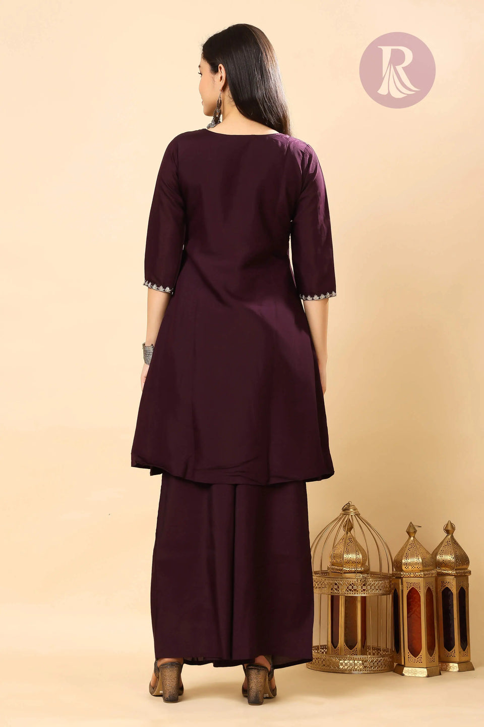 Festive ethnic outfit for women – Plum Kurti Sharara Set