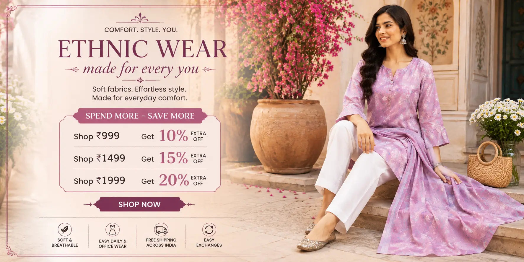 Women ethnic wear offer banner featuring pastel cotton kurti and spend more save more discount offer by Rabric