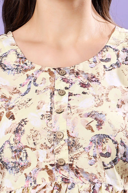 Closeup of Rabric Yellow Printed Short Kurti Fabric & Neckline