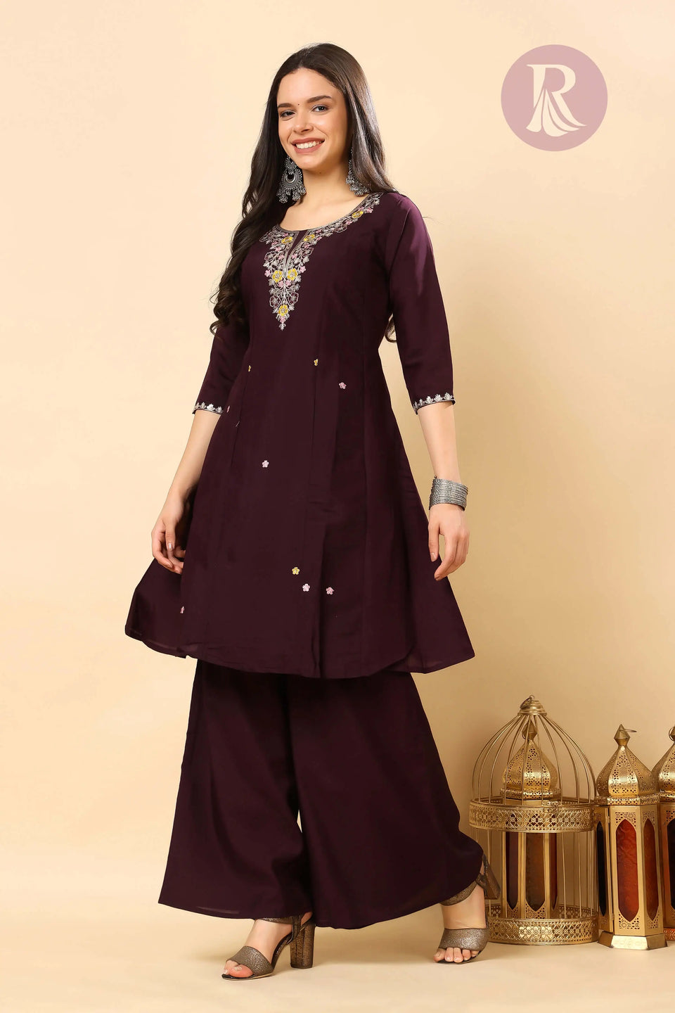 Party wear designer kurti set in purple by Rabric