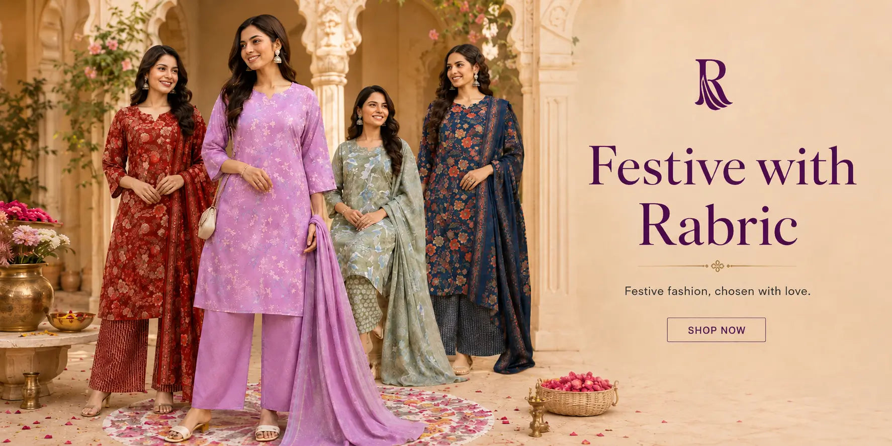 Rabric festive fashion banner showcasing stylish women kurta pant sets with dupattas for celebrations and special occasions