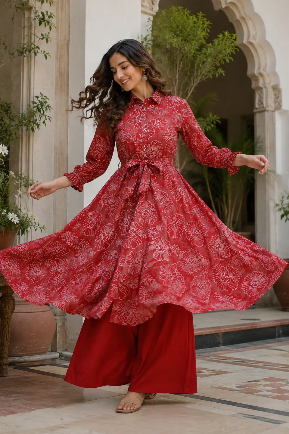 Full flair view of Rabric vertical silk floral kurta in dancing pose lifestyle shoot