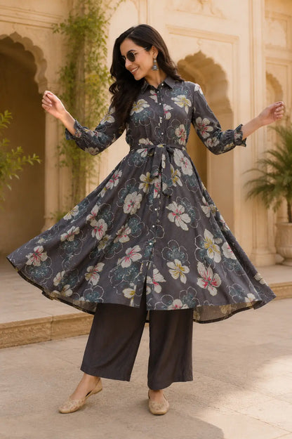 Flared long kurta dancing pose showing full flair of Rabric vertical silk co-ord set