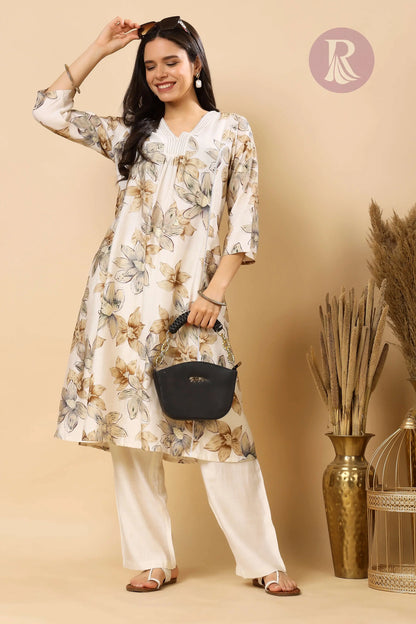 Lace panel detailing on Vertican Silk floral kurti by Rabric