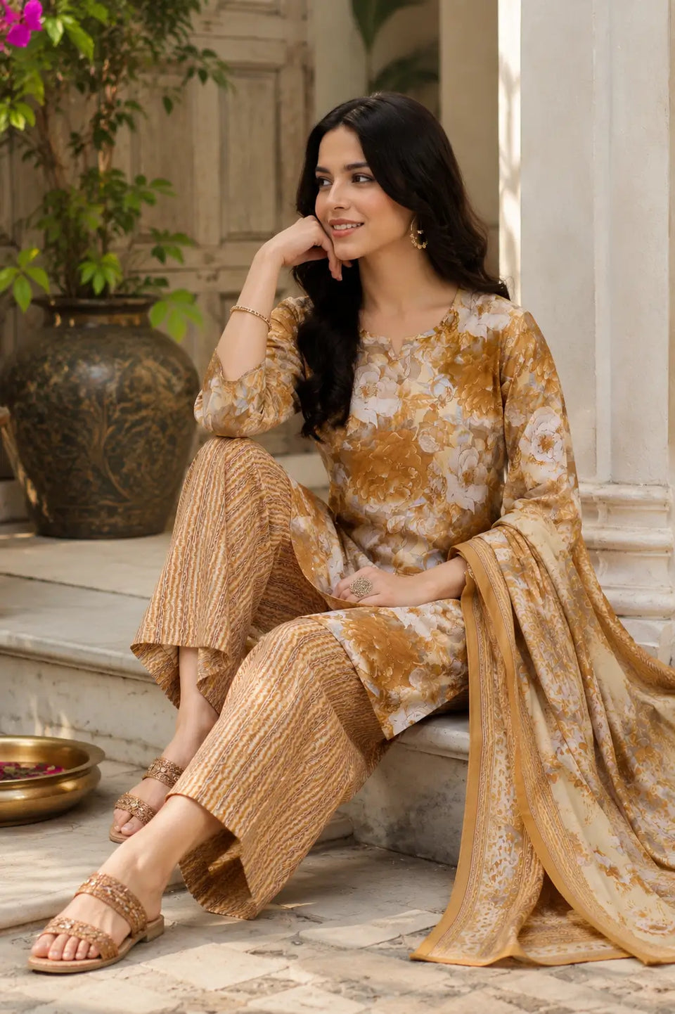 Lifestyle sitting pose of woman in Rabric floral cambric cotton kurta pant dupatta set