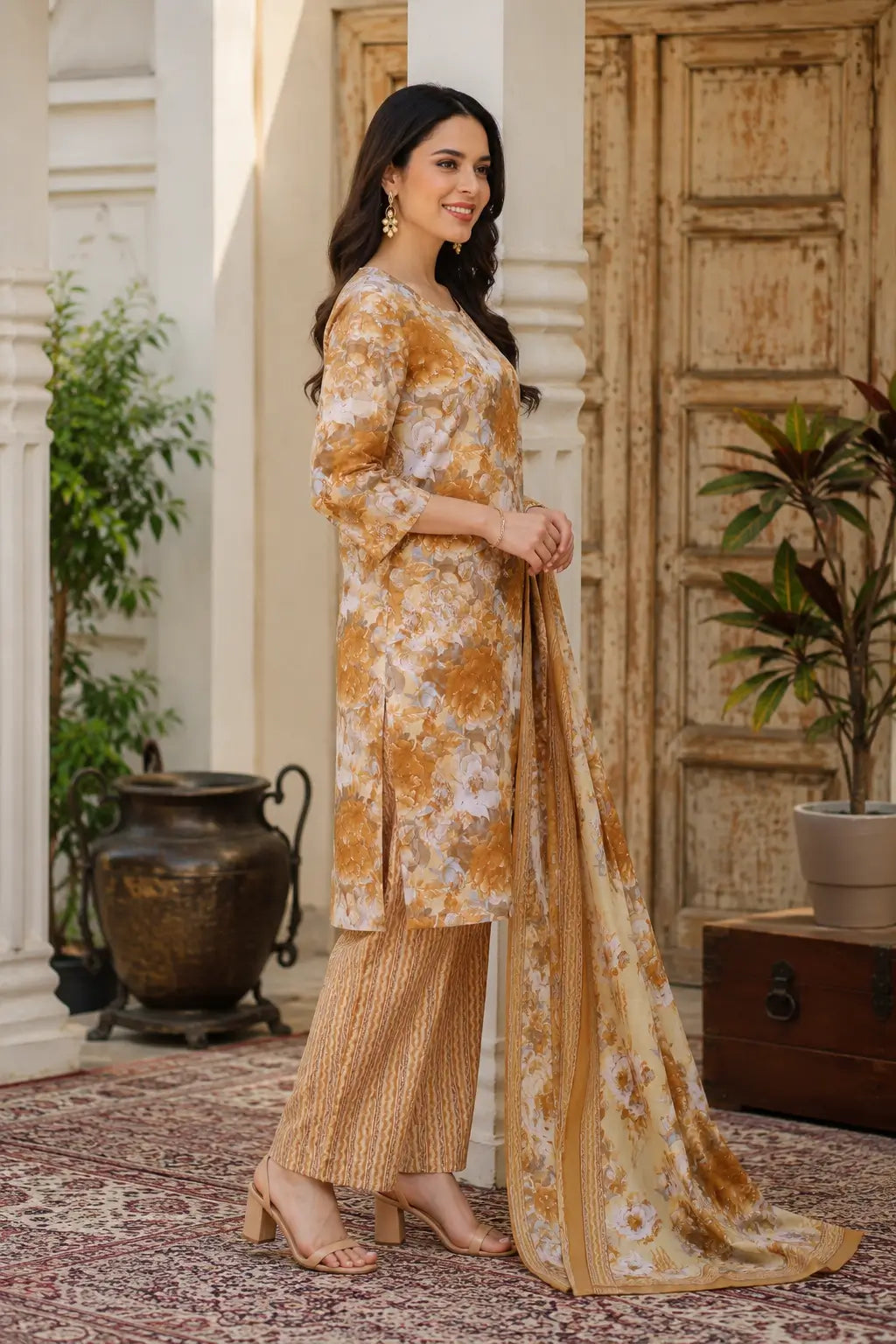 Side angle of Rabric floral cambric cotton straight kurta pant set with matching dupatta