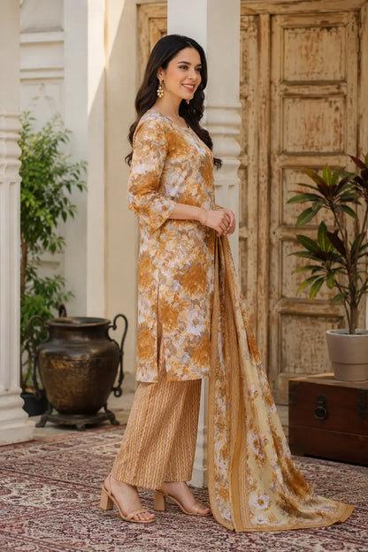 Side angle of Rabric floral cambric cotton straight kurta pant set with matching dupatta