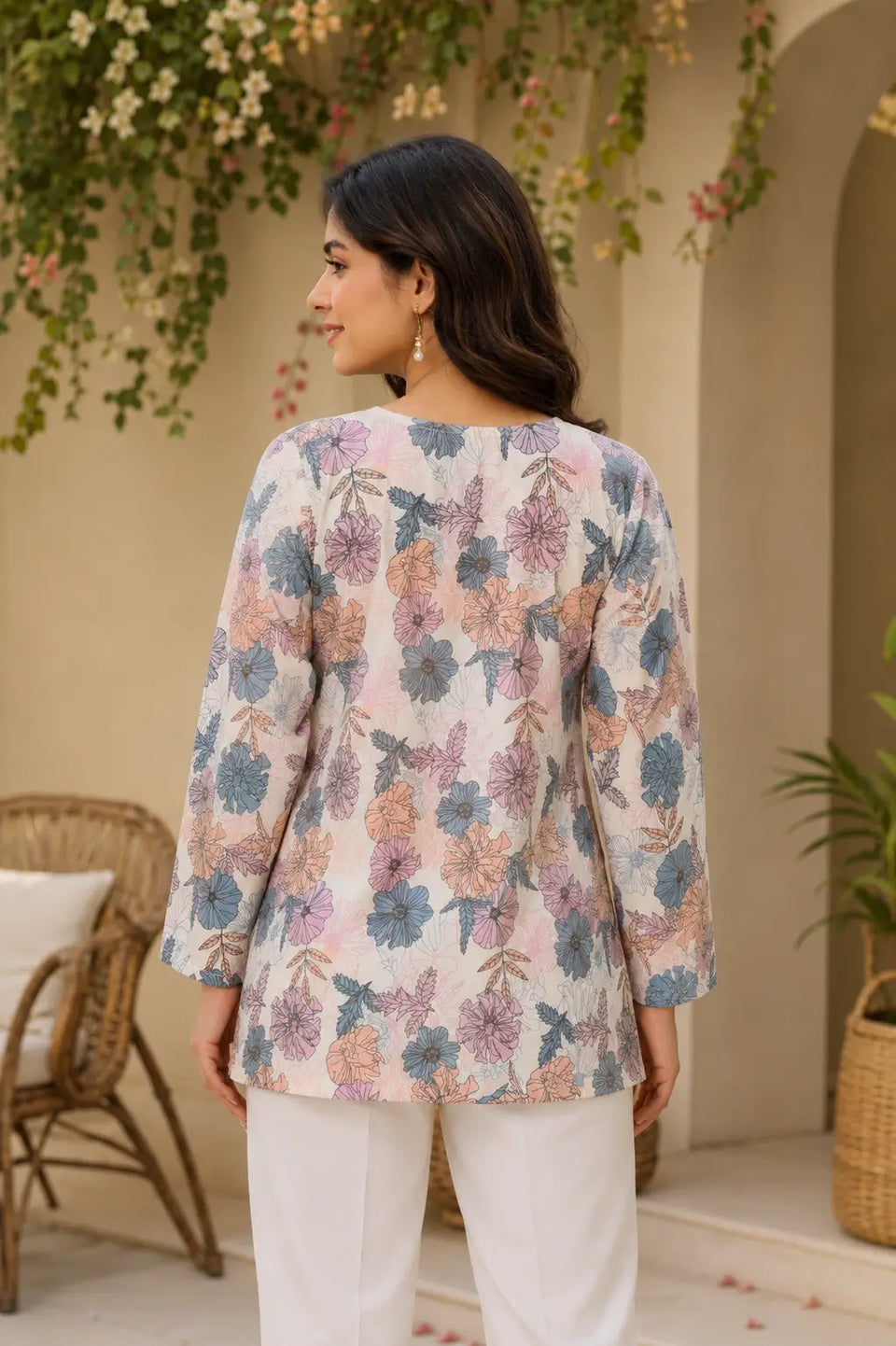 Back view of RABRIC floral printed casual top for women in soft pastel colors