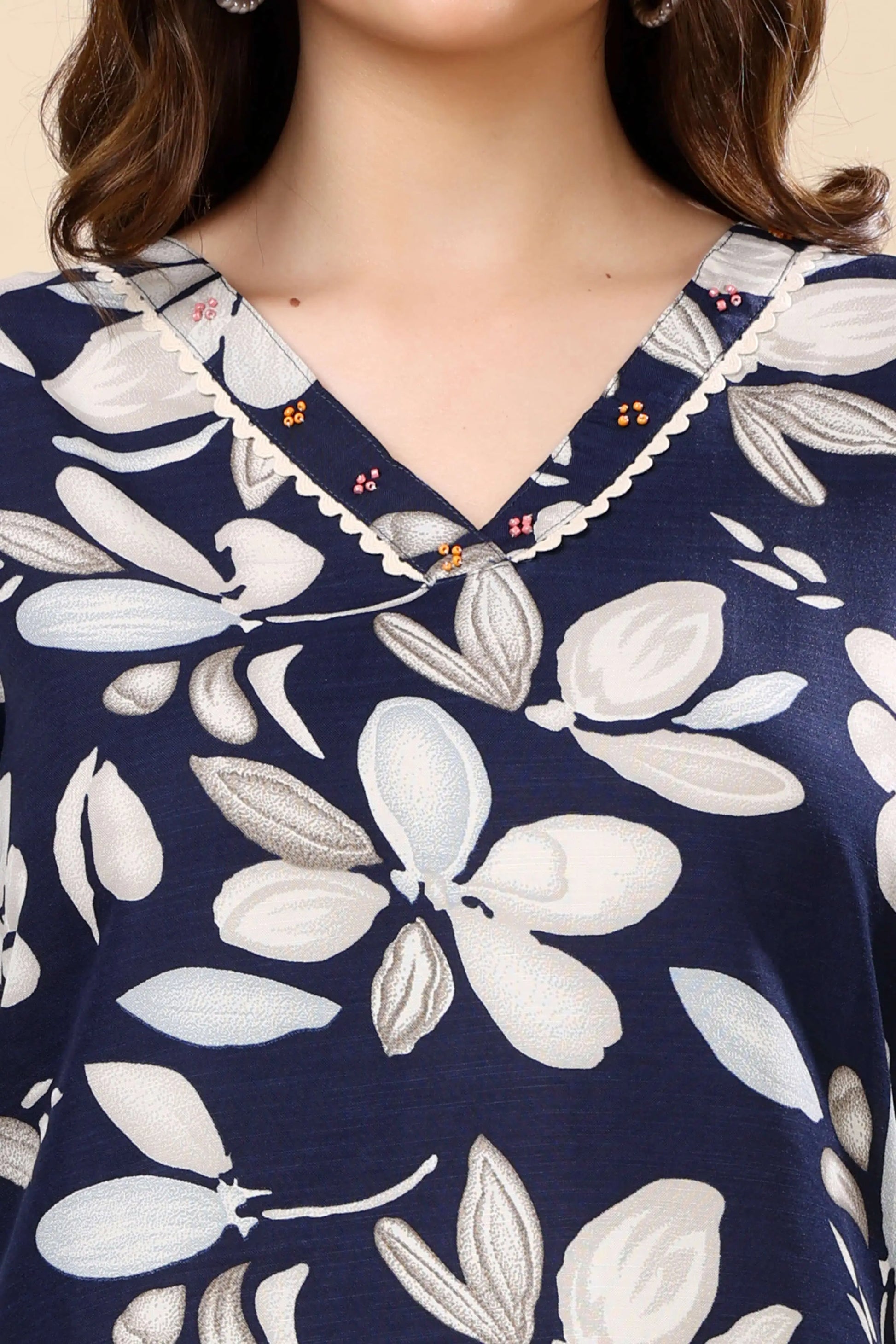 Hand Embellished V-Neckline Detail on Rabric Cotton Slub Co-ord Set