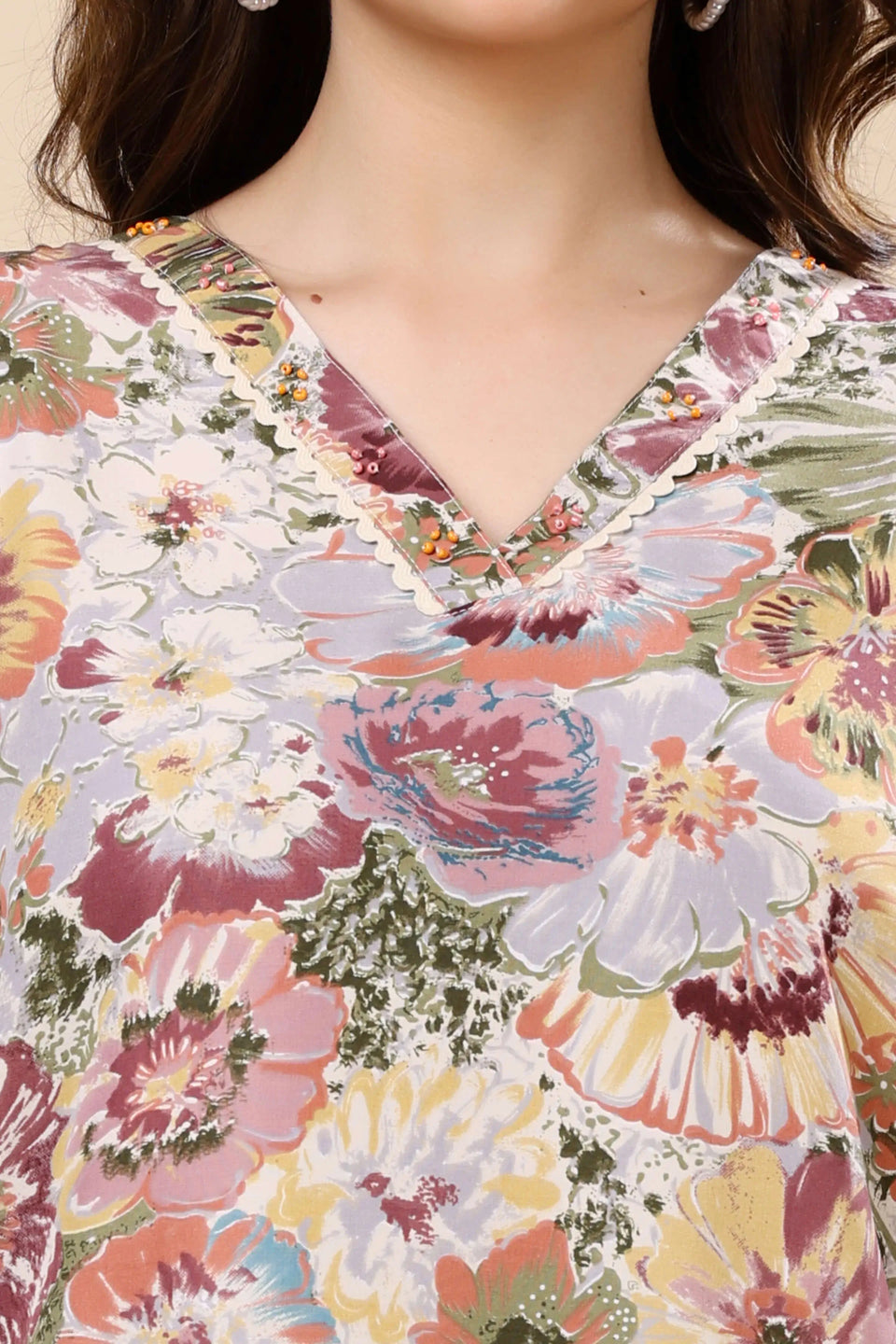 Close-up of V-neck with handwork detailing on floral Rabric co-ord set