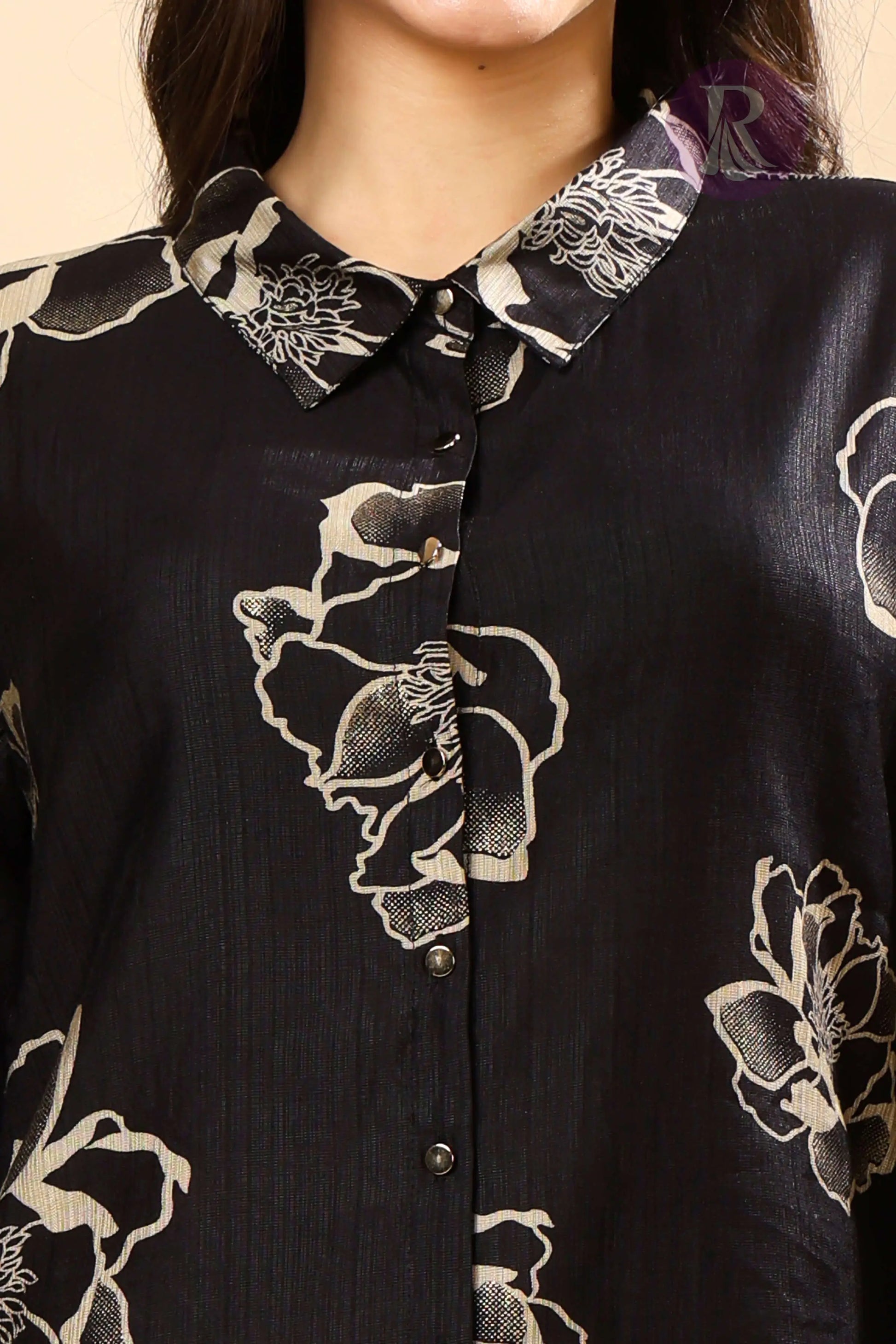 Close-up of Floral Print and Buttons on Rabric Vertican Fabric Co-ord Set