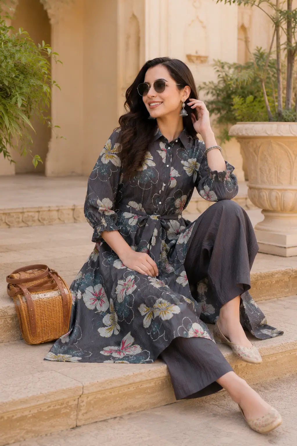 Rabric women’s floral vertical silk co-ord set in casual sitting pose outdoor shoot