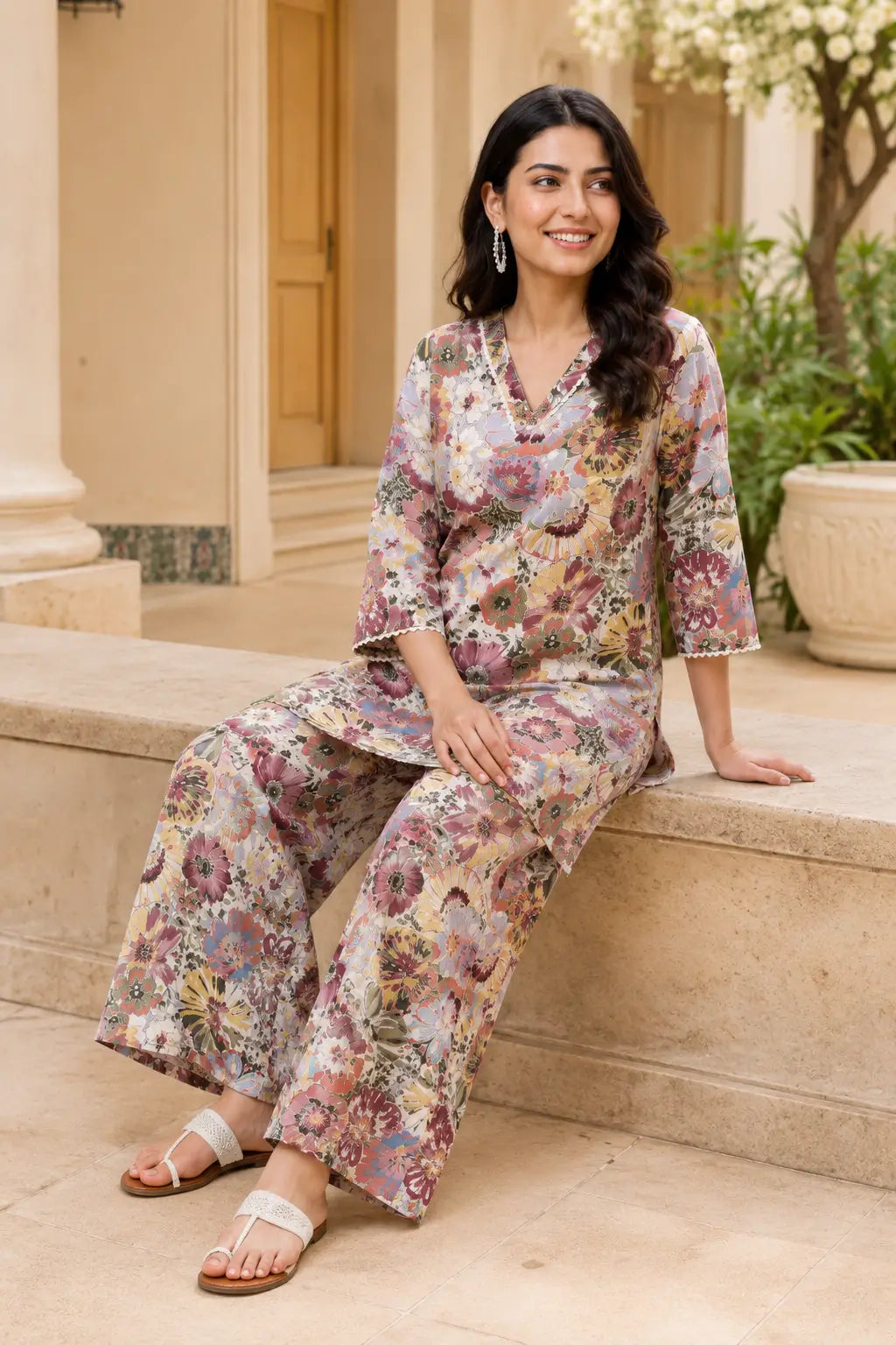 Indian woman sitting comfortably in Rabric floral printed cotton co-ord set featuring dusty pink floral design, V-neck top and matching palazzo pants.