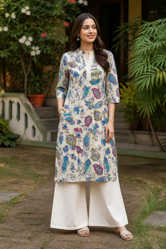 Women’s floral printed cotton flex kurta pant set front view with V-neck pintuck design by Rabric