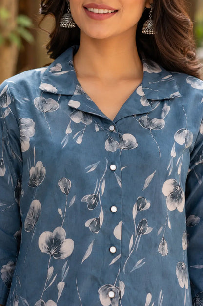 Close-up collar detail of RABRIC blue floral cotton kurta for women