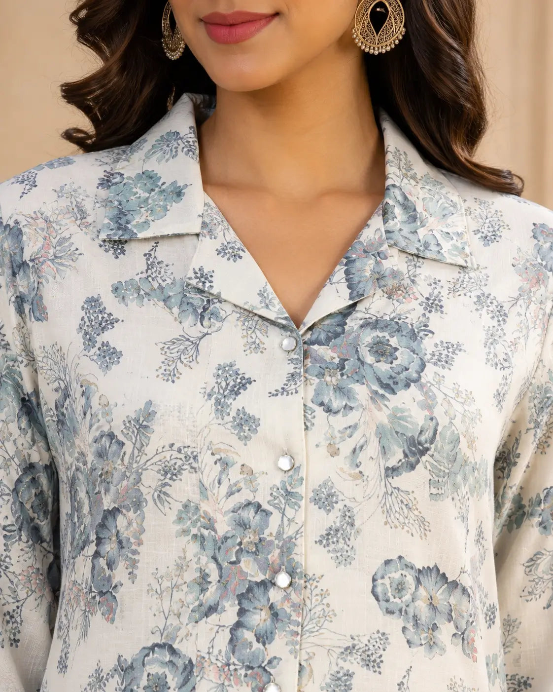 Close-up of floral print cotton kurta collar design by RABRIC with soft premium cotton fabric