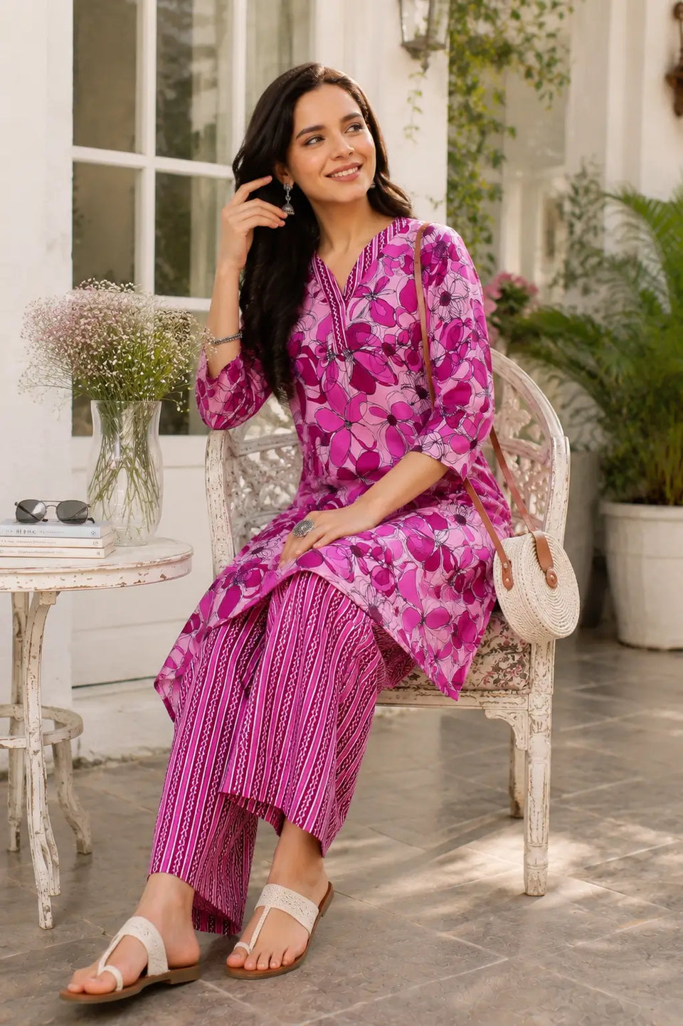 Stylish women sitting pose in pink floral cotton kurta pant set with casual accessories and comfortable ethnic styling