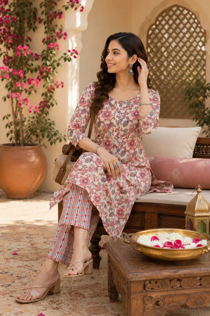 Rabric floral cotton kurta with striped printed pants for women stylish everyday ethnic co ord set