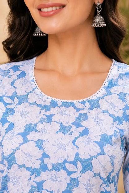 Closeup round neck design of Rabric blue floral cotton kurti with elegant neckline detailing for women