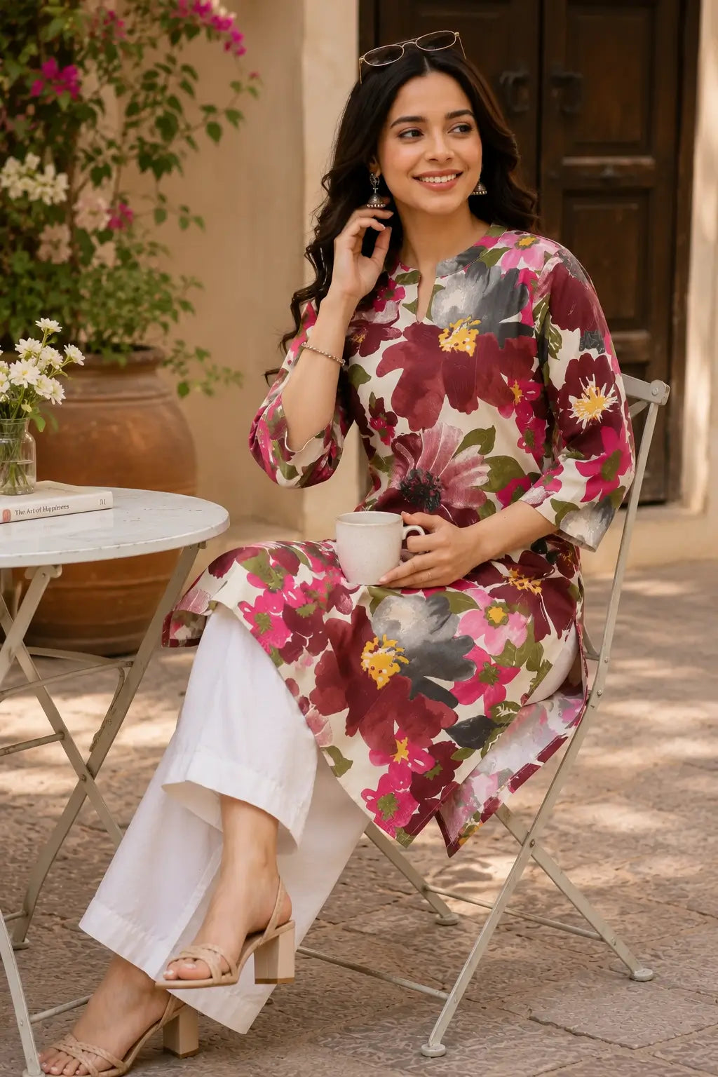 Casual sitting pose lifestyle image of woman wearing Rabric maroon pink floral cotton kurti with accessories