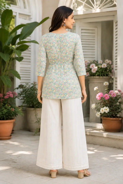 Back view of Rabric pastel floral cotton short top for women featuring elastic upper back design and comfortable summer fit