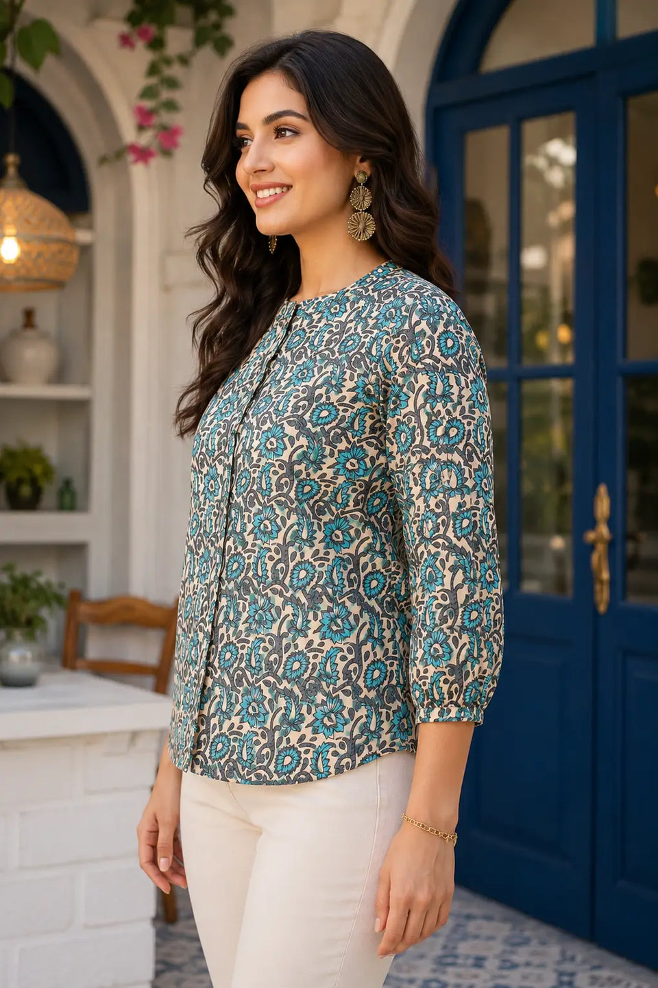 Side angle view of Rabric floral cotton short top for women with stylish casual fit and 3/4 elastic sleeves