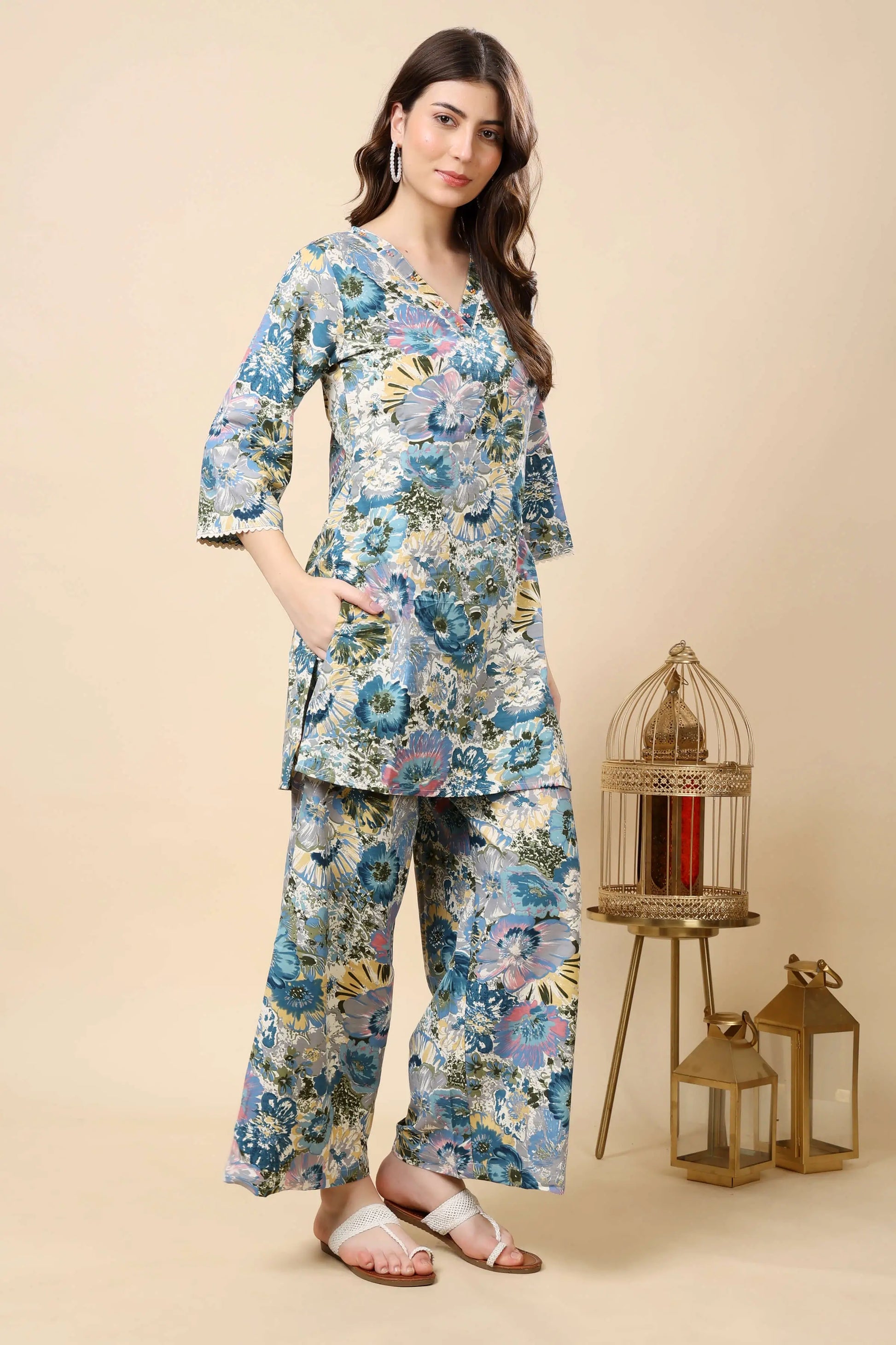 Side view of Rabric Floral Cotton Co-ord Set with hand embroidery