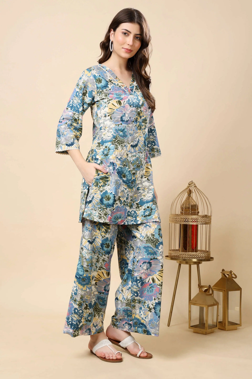 Side view of Rabric Floral Cotton Co-ord Set with hand embroidery