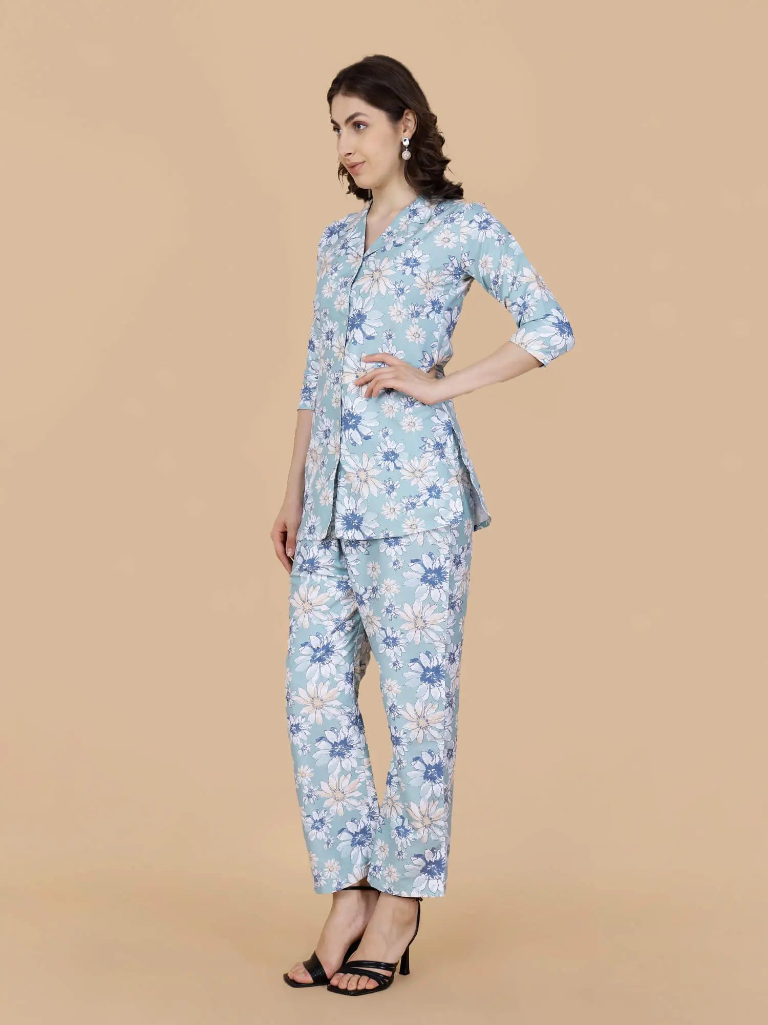 Premium Two-Piece Glace Cotton Set in Sky Blue Floral Print