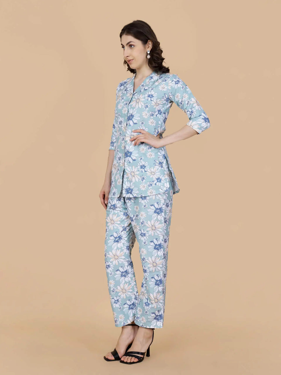 Premium Two-Piece Glace Cotton Set in Sky Blue Floral Print