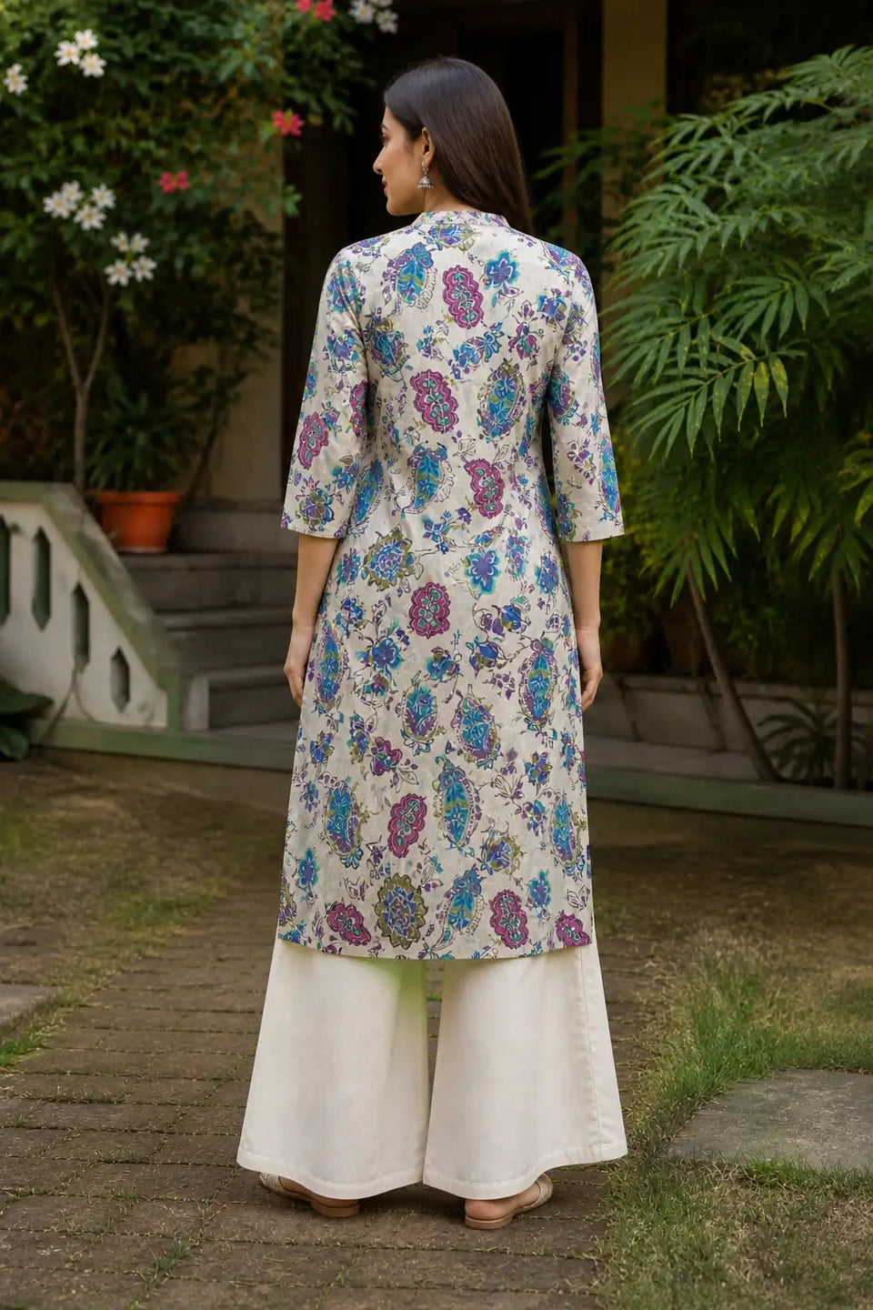 Back view of women’s stylish floral cotton flex kurta pant set with bell bottom pants by Rabric