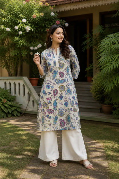 Lifestyle front angle of women’s stylish floral kurta pant set for casual ethnic wear