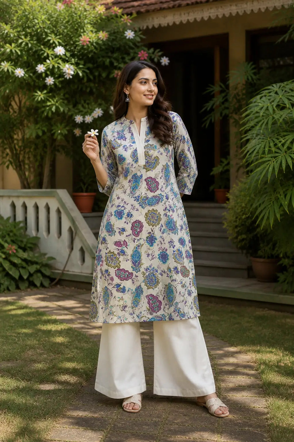 Lifestyle front angle of women’s stylish floral kurta pant set for casual ethnic wear