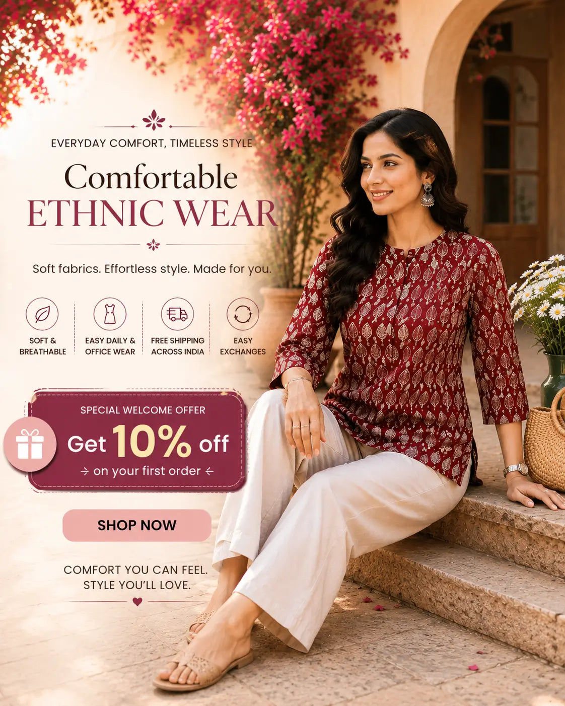 rabric ethnic wear offer banner featuring pastel cotton kurti and spend more save more discount offer
