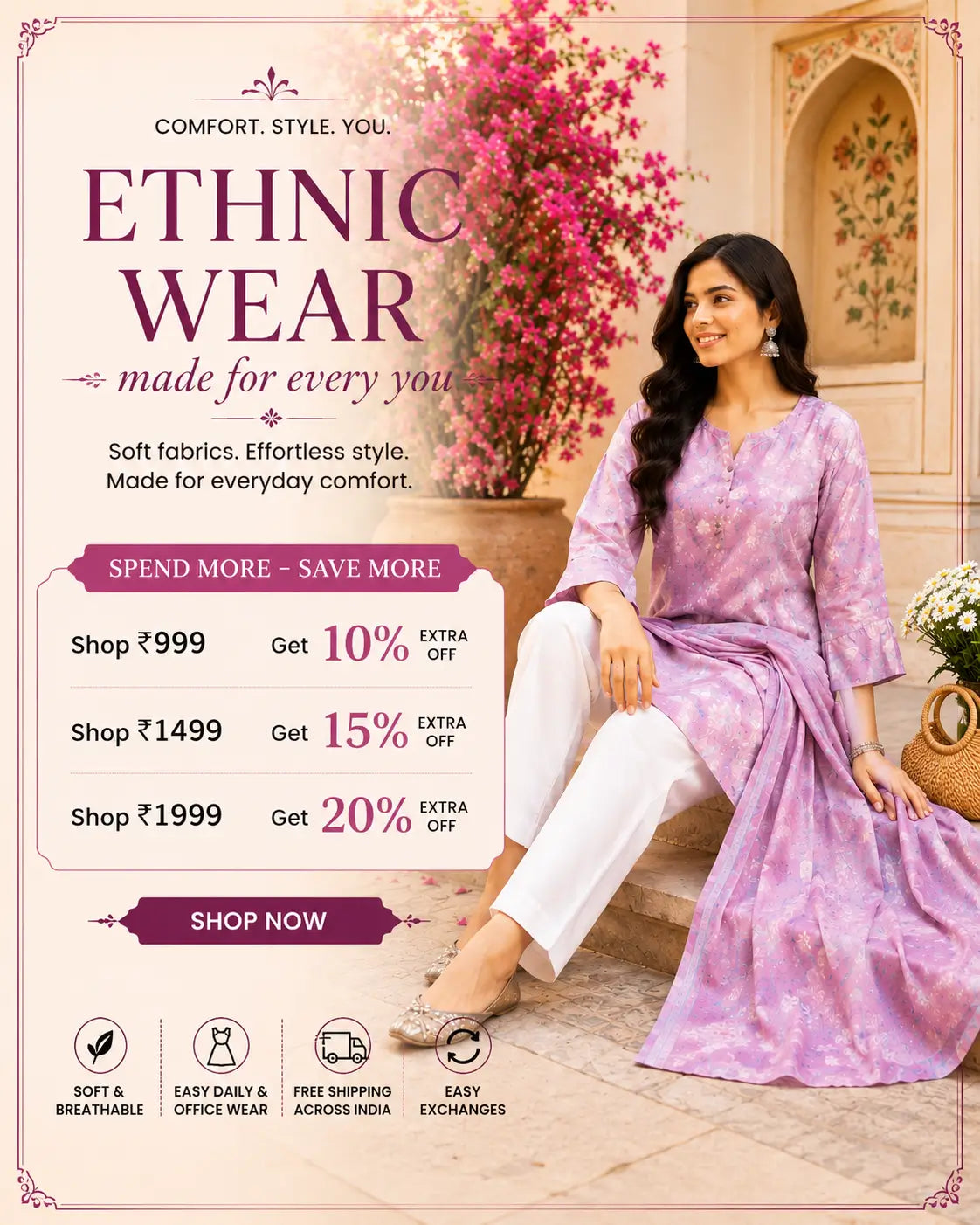 Pink floral kurti set banner with women ethnic wear discount offer by Rabric