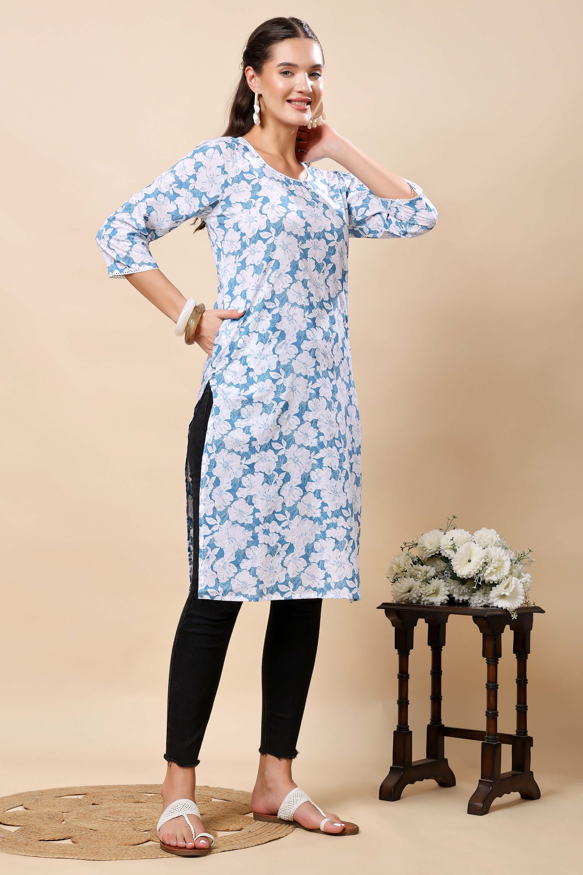 Side View of Blue & White Floral Printed Kurti with Lace Neck Detailing
