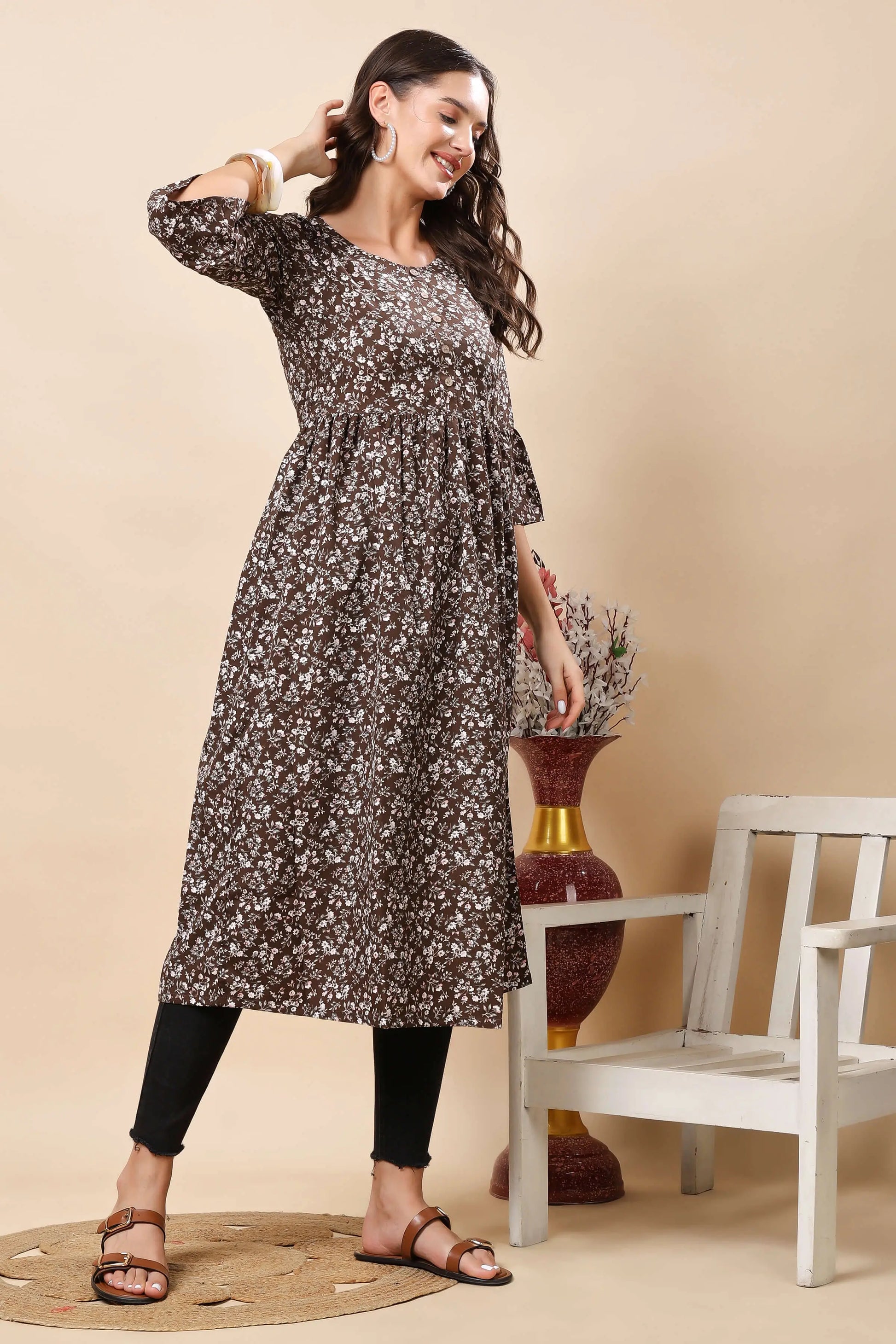 Side View of Rabric Brown Floral Printed Long Kurti