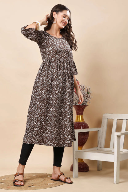Side View of Rabric Brown Floral Printed Long Kurti